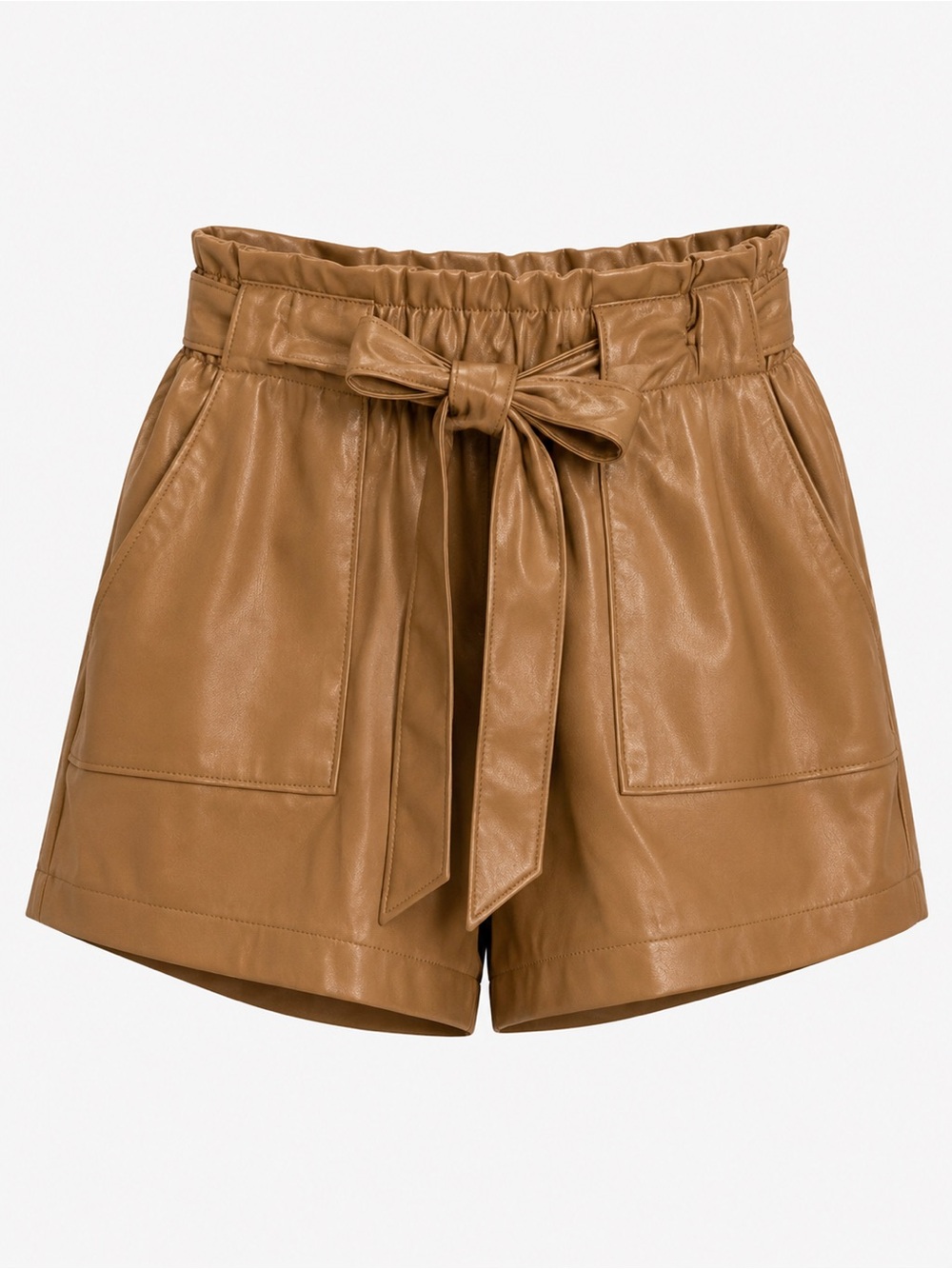 Ci Sono Faux Leather High-Waist Belted Shorts in Camel Brown - Picture 5 of 7
